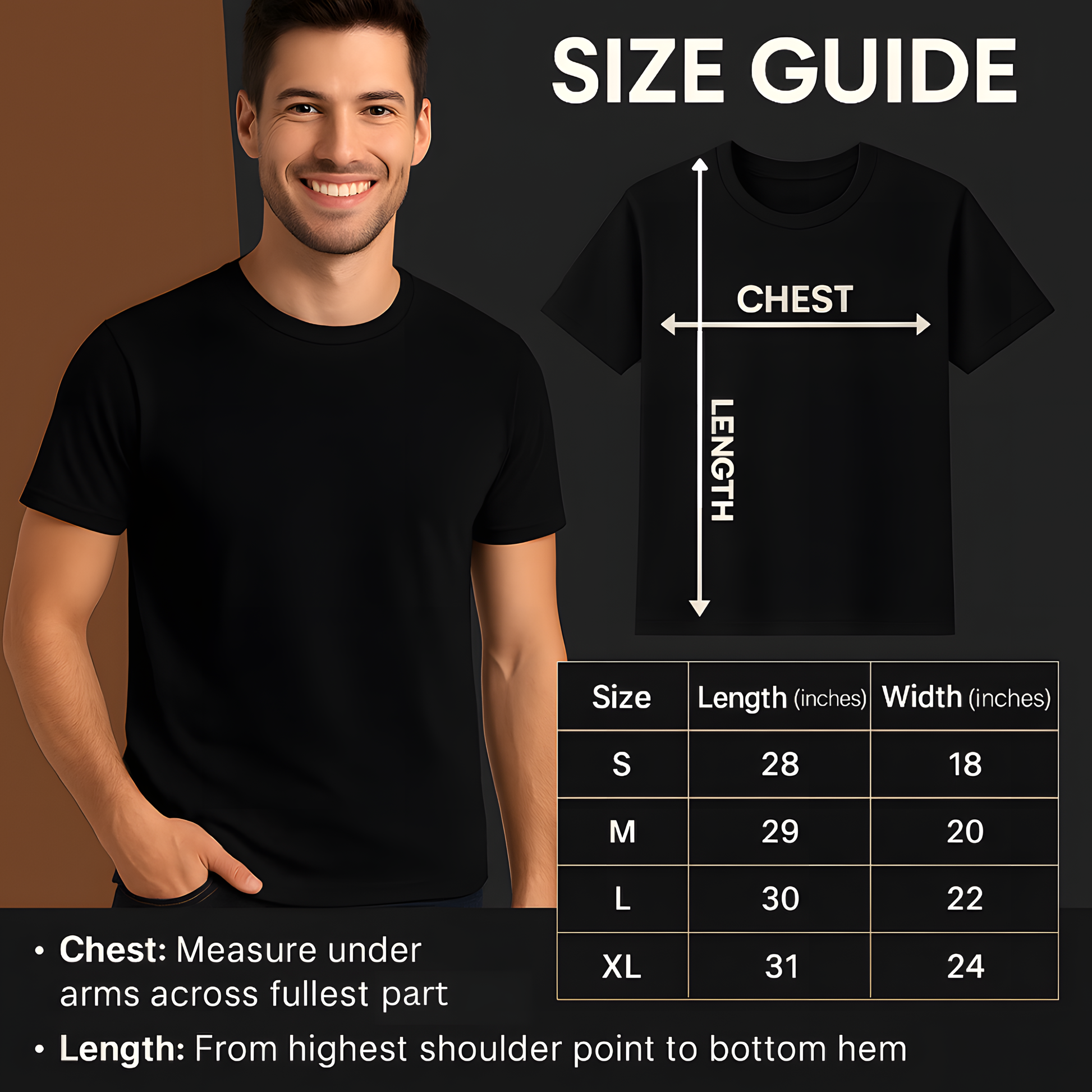 Black t-shirt size guide with a man wearing the shirt and measurement details.